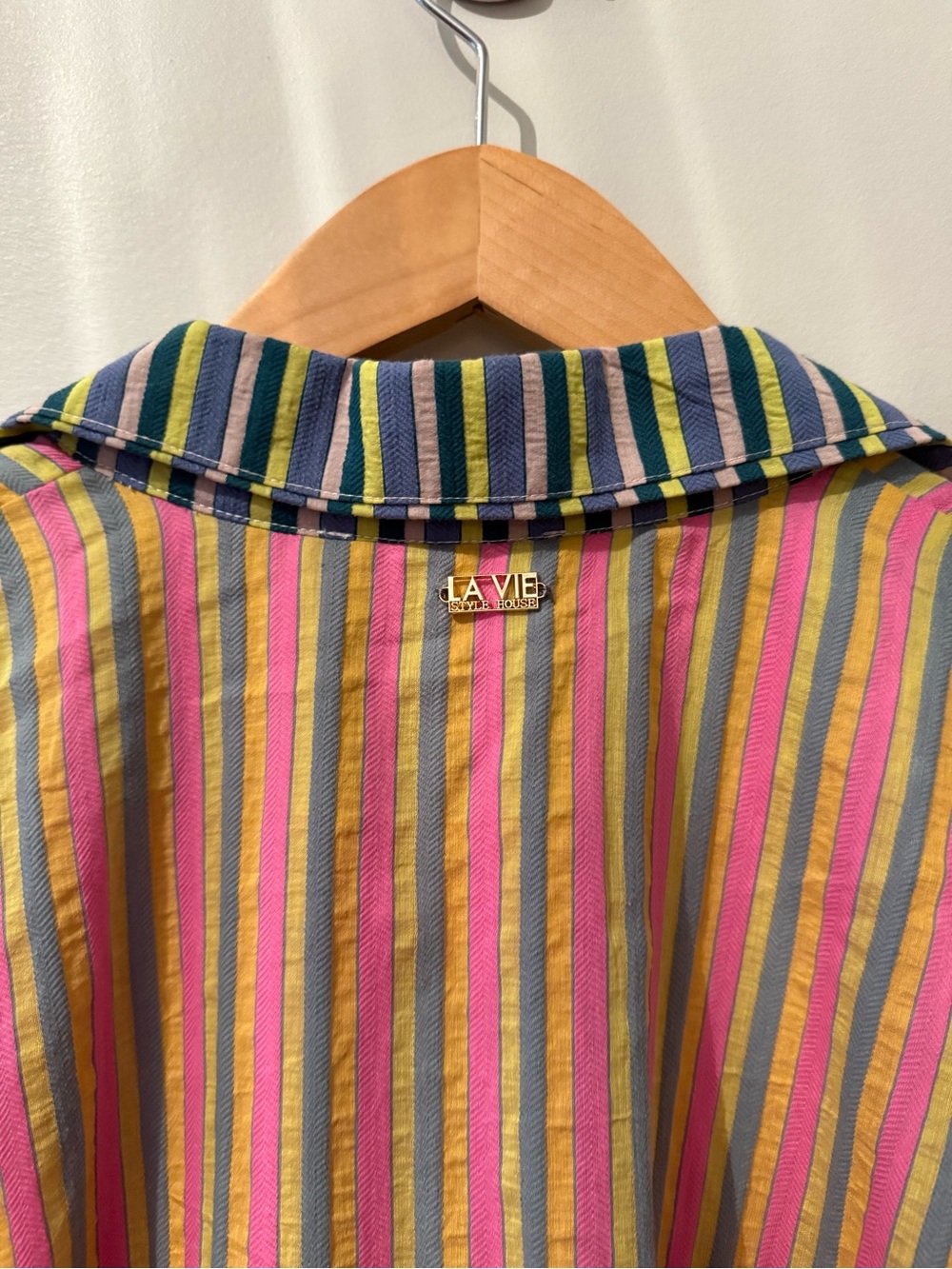 La Vie Style House Stripe Boyfriend Shirt - Pink, Green & Yellow - Picture 3 of 4